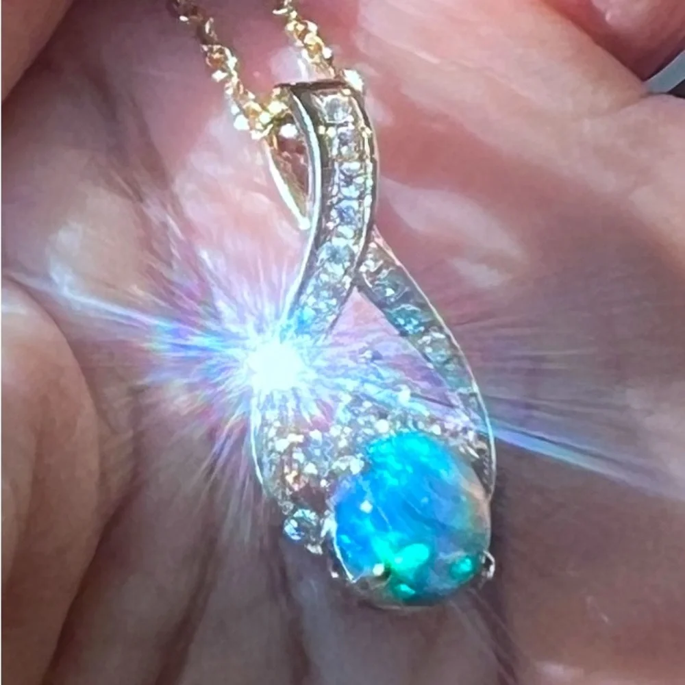 🎇 Black Opal & Diamond 14K Gold Pendant 💚🩵 - Picture 14 of 16